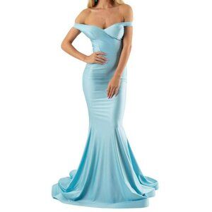 Jessica Angel 583 Off the Shoulder Fluted Maxi Gown Cold Blue Size Small NWT
